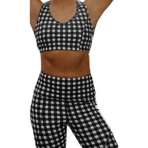 Albion Lift Bra Stride 7/8 Legging Set Gingham Pocket Racerback Black White XS